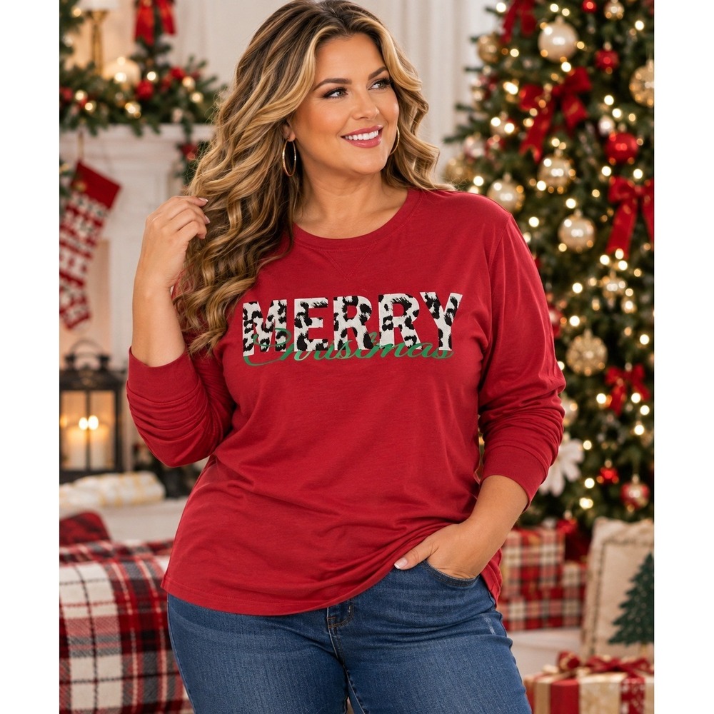 George Red Merry Christmas Leopard Print Long Sleeve Sweatshirt 3XL Holiday